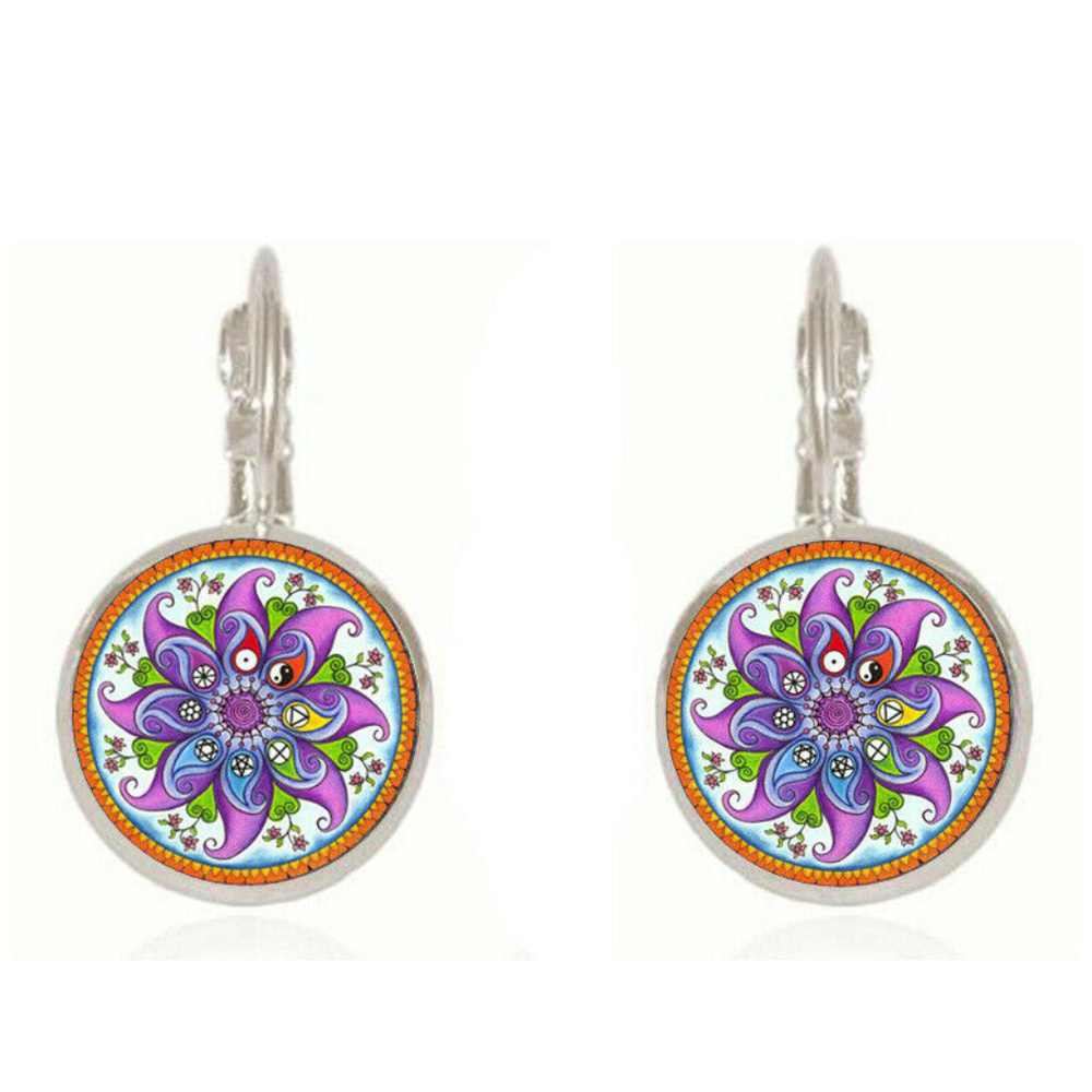 PRETTY PURPLE MANDALA GLASS CABOCHON EARRINGS